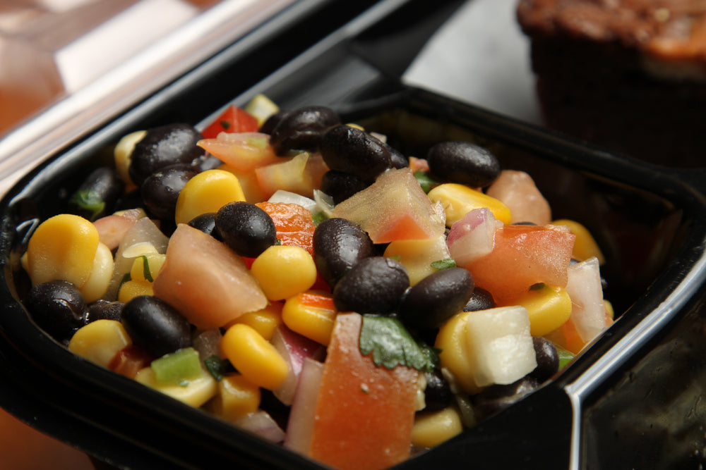 Corn and black bean salad with assorted vegetables, a distinct public-domain photo for the black bean and corn roasted vegetable tray recipe