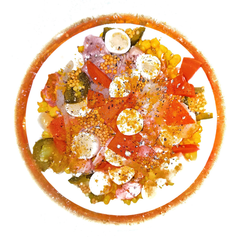 corn with turkey and pickled quails' eggs, carrots, onions, jalapeno, curry powder and black pepper - massachusetts