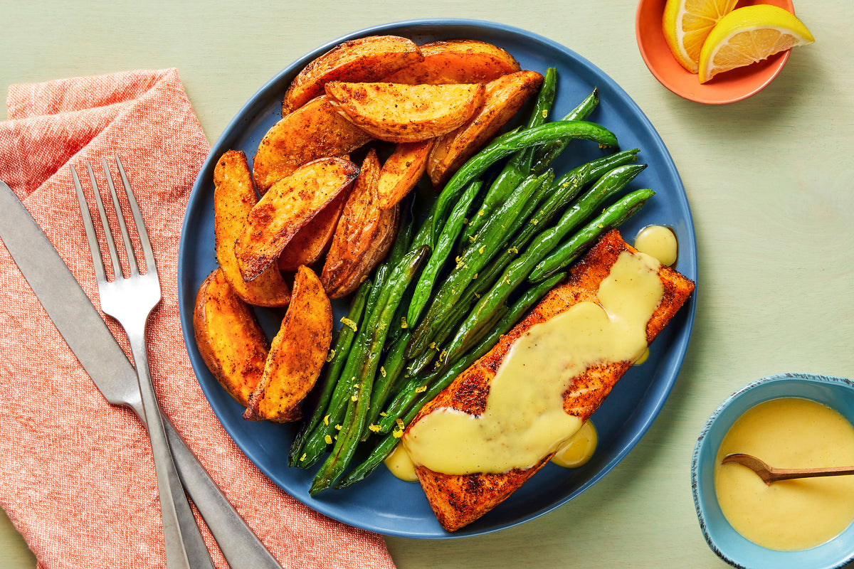 Honey-mustard salmon with golden potato wedges and green beans
