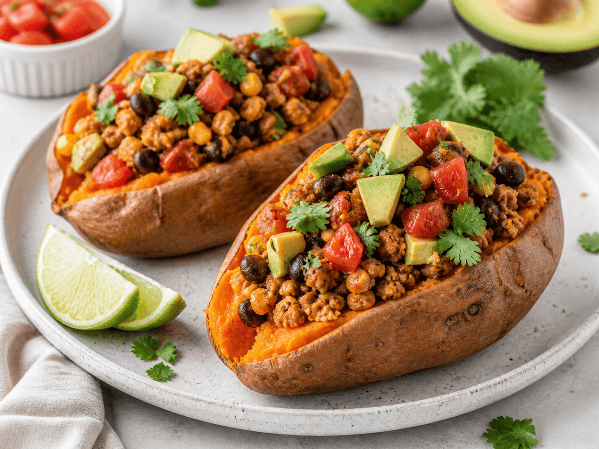 Roasted sweet potatoes filled with seasoned ground turkey and fresh toppings
