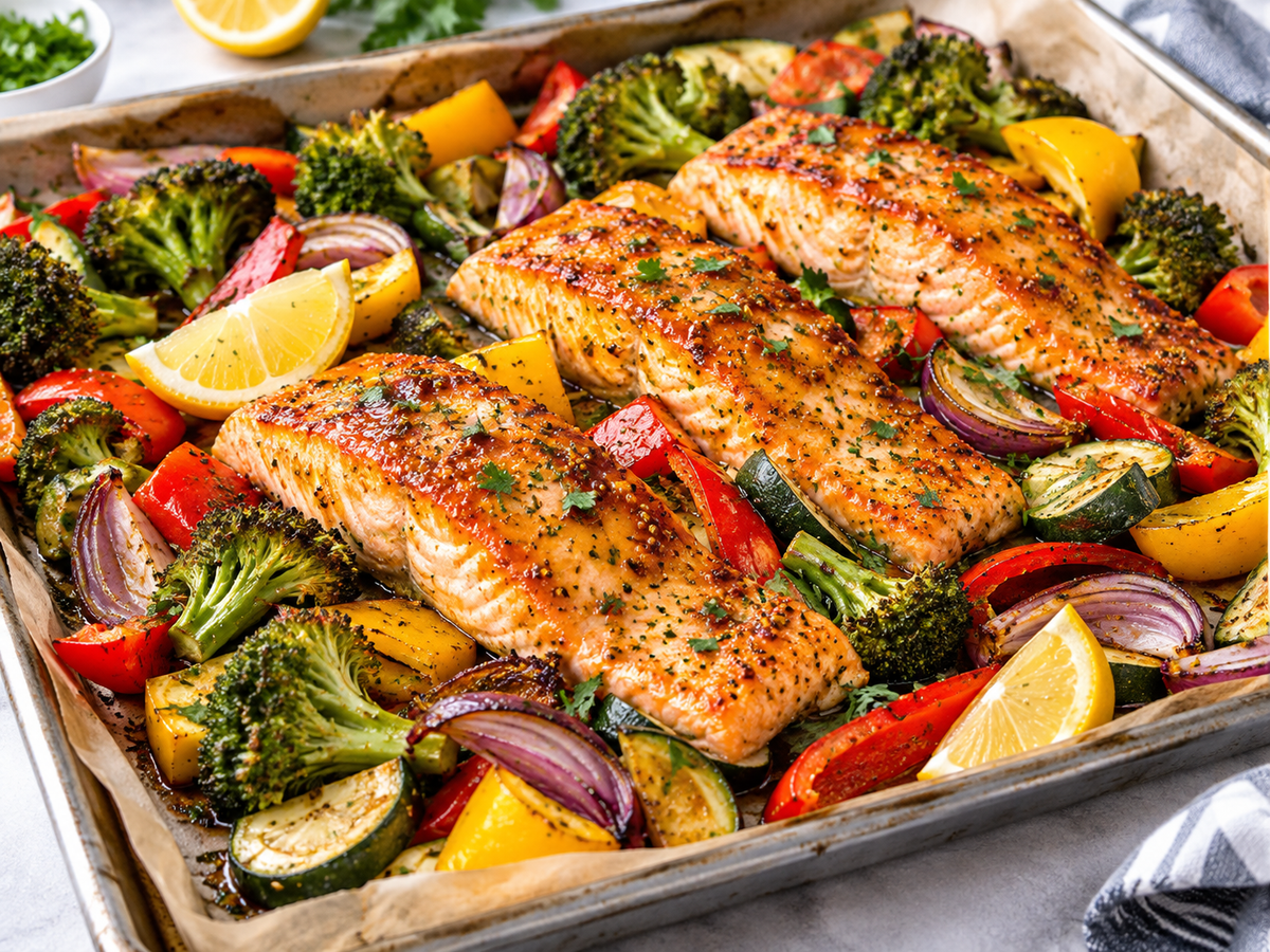 Honey mustard salmon with roasted broccoli, bell peppers, zucchini, red onion and lemon on a sheet pan