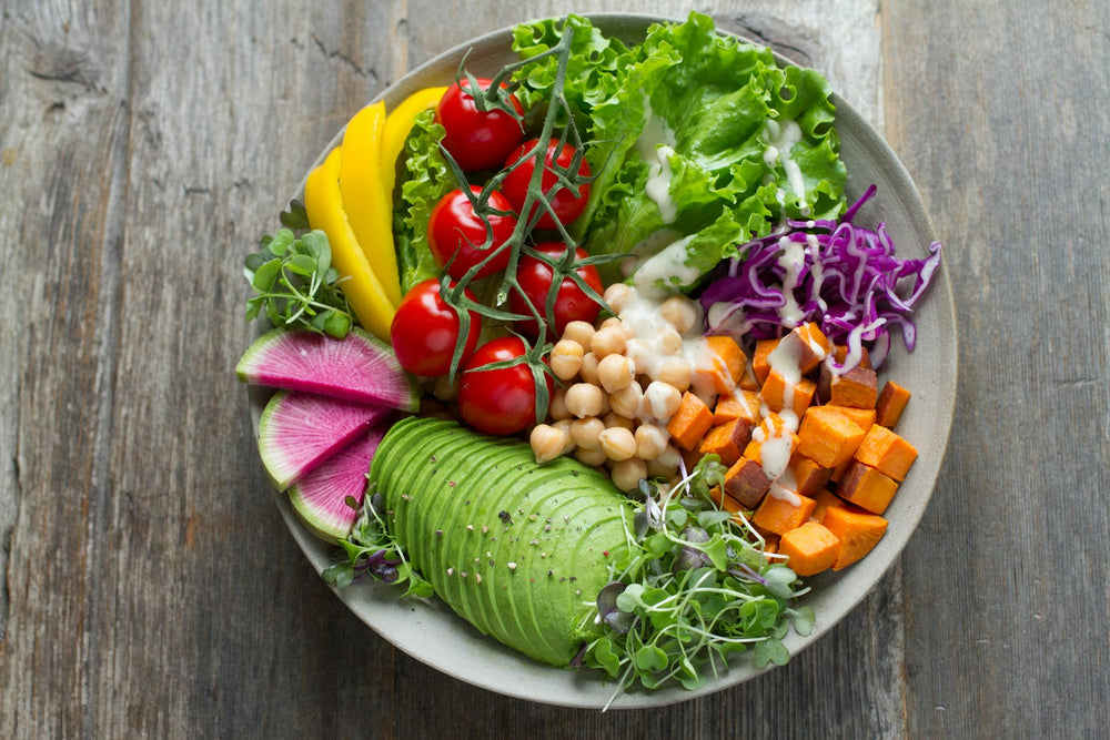 Colorful chickpea bowl with fresh vegetables
