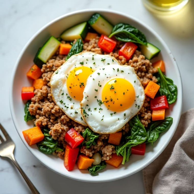 Turkey and vegetable breakfast hash with spinach and a fried egg